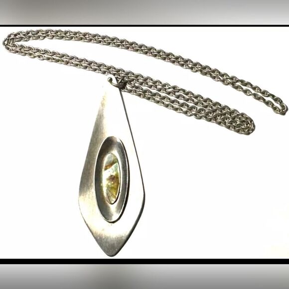 Vintage 60's-70's Necklace Silver MOP Abalone Inlay Shell Large Pendant 20" - Picture 1 of 1